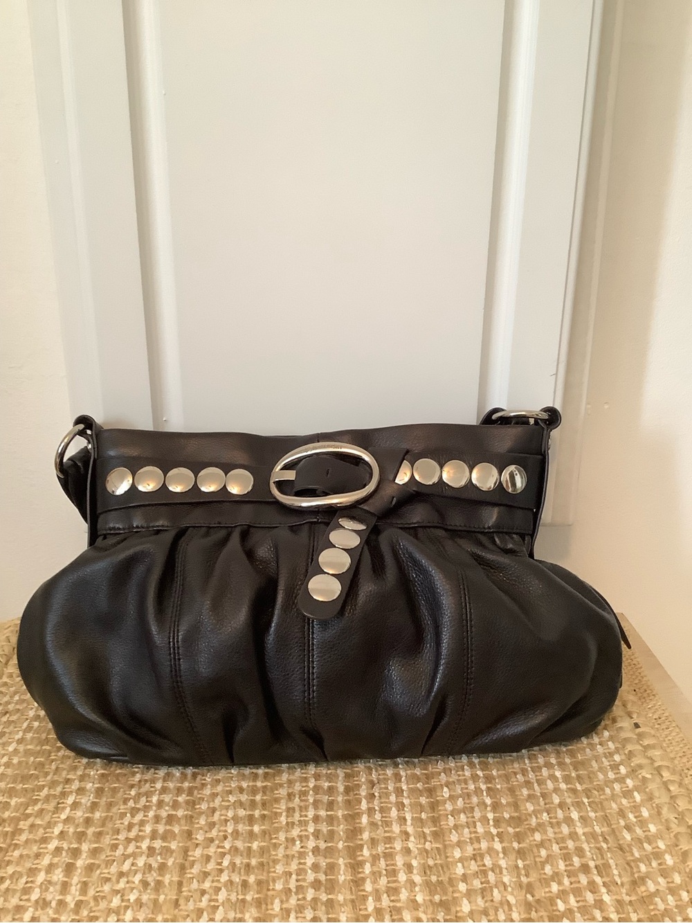 b. makowsky Black Leather Studded Hobo Shoulder Bag